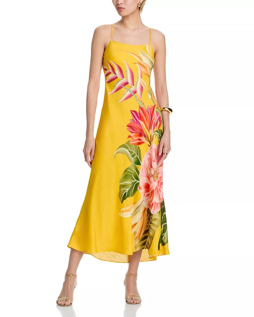 FARM Rio Women Spring Awakening Yellow Viscose Satin Maxi Slip Dress Size L